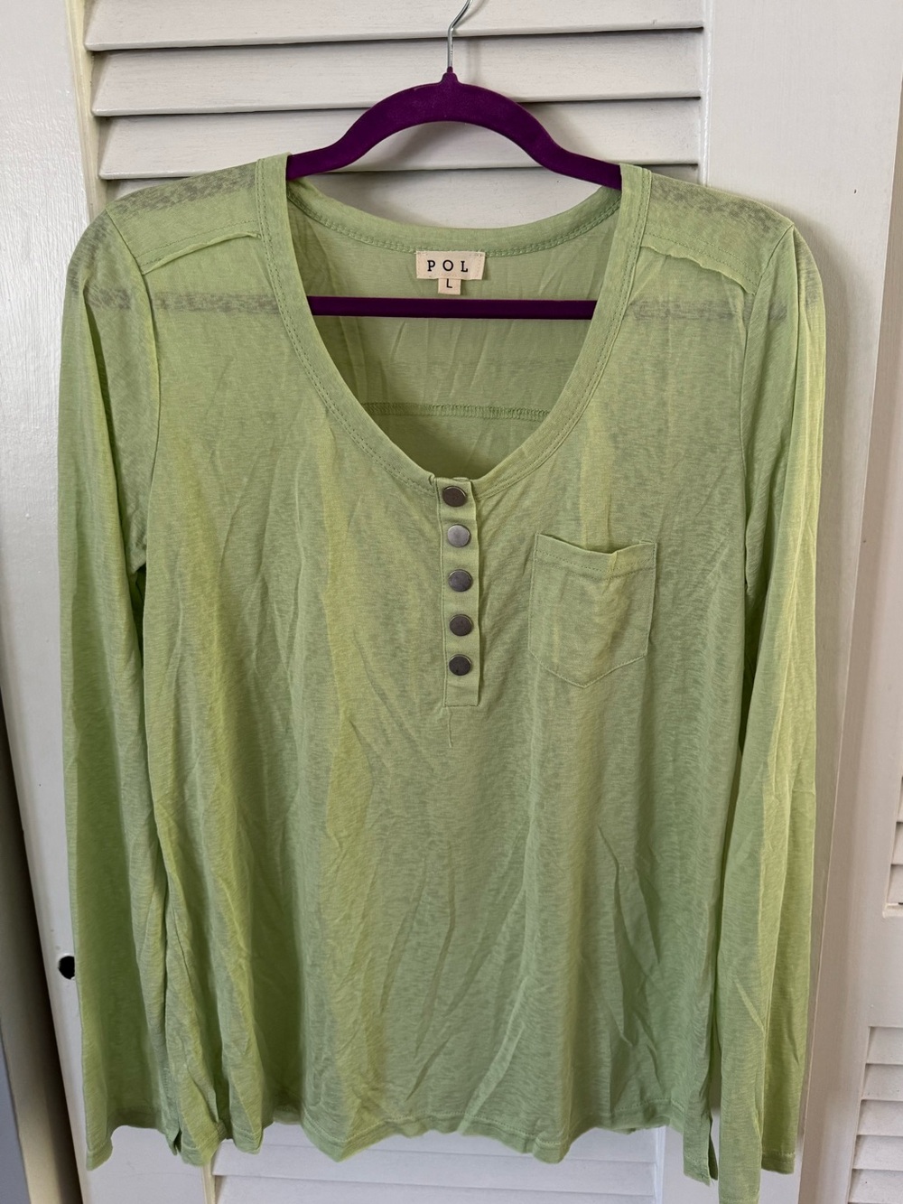 POL Light Green Long-Sleeve Henley Top